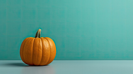 A single pumpkin on a teal background or wallpaper