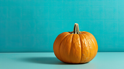 A single pumpkin on a teal background or wallpaper