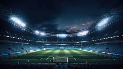 Stadium at Night with the Pitch and Lights On  - obrazy, fototapety, plakaty