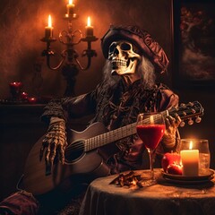 halloween witch with a skull.
Guitar-playing skeletons, Christmas atmosphere, Halloween