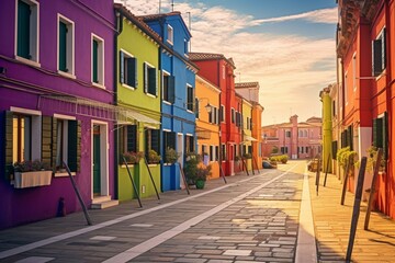 Fototapeta na wymiar Vibrant street at sunset on Burano Island, Venice, Italy. Retro style artwork. Generative AI