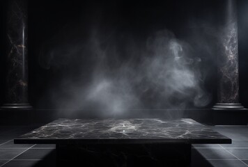 Empty black marble table podium with black stone with smoke. AI Generated Images
