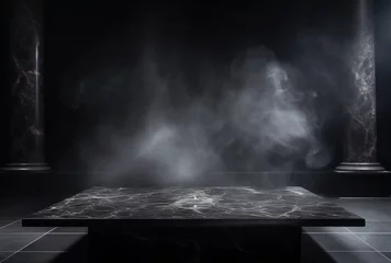 Fotobehang Empty black marble table podium with black stone with smoke. AI Generated Images © apep