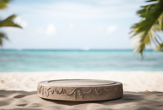 Stone round podium, beach background. AI Generated Images