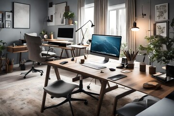 A home office with a desk, a computer, and a comfortable chair.