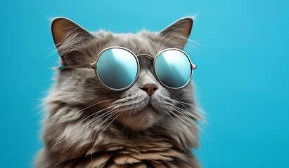 images of fluffy cats with sunglasses on a blue background. Pet on a blue background. Studio shooting. White and gray cat. Free space. Blue sunglasses. a cat wearing sunglasses on a sunny background.