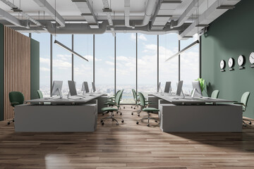 Green and wooden open space office with clocks - obrazy, fototapety, plakaty
