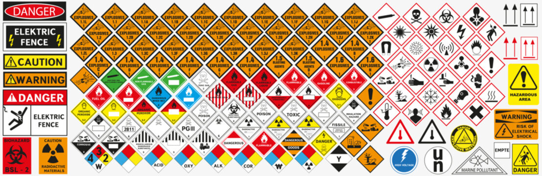 Signs of dangerous goods. Warning sign. Hazard transportation icons.