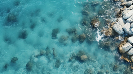 Vue aérienne des eaux claires et des rochers côtiers.