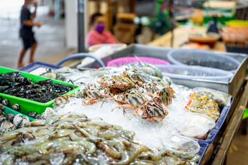 Fresh raw sea flower crab (portunus pelagicus) premium grade display for sale at seafood market or...