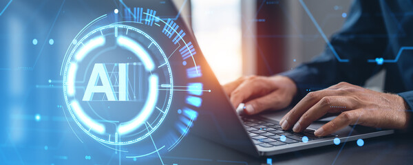 Man fingers typing on laptop, digital AI hologram with abstract circuit board