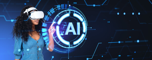 African woman in vr glasses finger touch AI icon with abstract lines