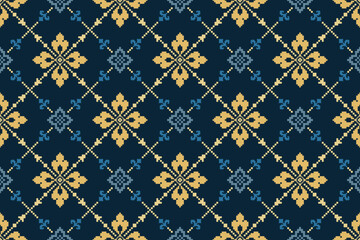 Indigo navy blue geometric traditional ethnic pattern Ikat seamless pattern border abstract design for fabric print cloth dress carpet curtains and sarong Aztec African Indian Indonesian
