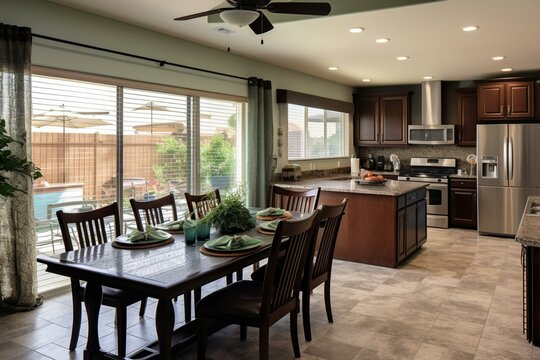 Spacious kitchen & dining room with elegant granite countertops. Generative AI
