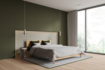 Green hotel bedroom interior with bed and decoration, panoramic window