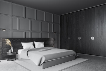 Gray pattern wall bedroom corner with wardrobe