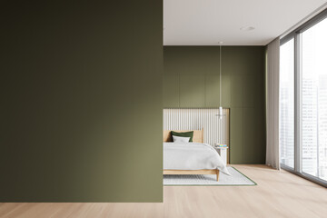 Fototapeta na wymiar Stylish home bedroom interior with bed and mock up wall, panoramic window