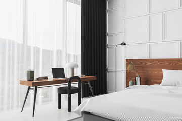 Cozy hotel bedroom interior with bed and workspace, panoramic window