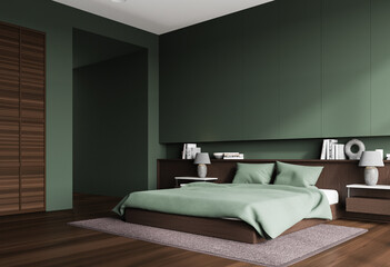 Green bedroom corner with bed and wardrobe