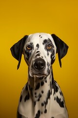 Photo of a Dalmatian dog sitting in front of a vibrant yellow background created with Generative AI technology