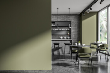 Green and gray cafe interior with bar and blank wall - obrazy, fototapety, plakaty