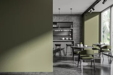 Fotobehang Green and gray cafe interior with bar and blank wall © ImageFlow