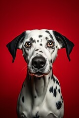 Photo of a Dalmatian dog against a bold red backdrop created with Generative AI technology