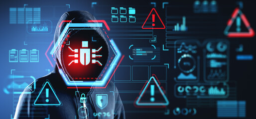 Hacker attack system with bug virus, danger and system breakdown - obrazy, fototapety, plakaty