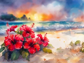 Keuken foto achterwand Lavendel 沖縄の夕暮れ時、真っ赤なハイビスカスの花と白砂のビーチの水彩画