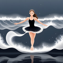 Young ballerina girl dancing along the sea water, wave form., vector line style. ai generative