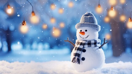Christmas decoration with a cute cheerful snowman in the snow in a winter park with beautiful bokeh - obrazy, fototapety, plakaty