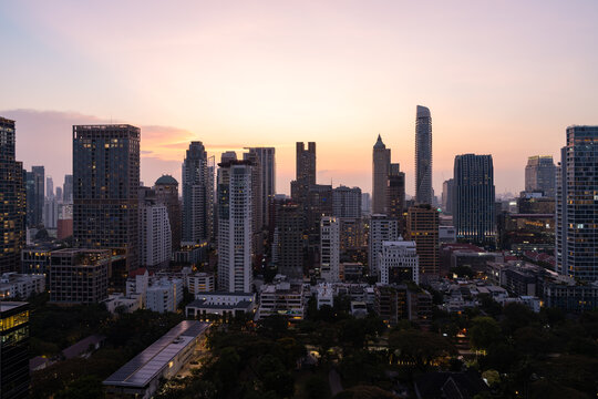 Bangkok city panorama with skyscrapers in evening