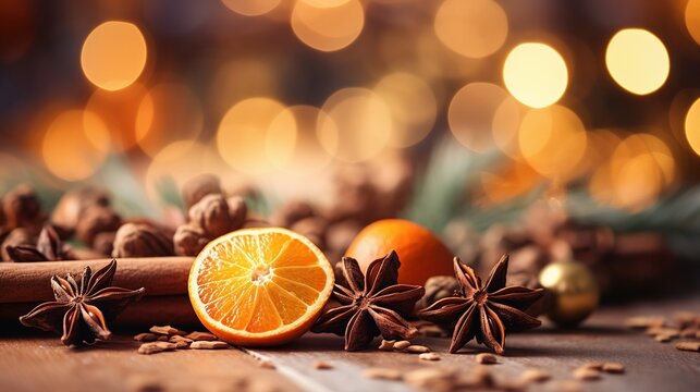 Christmas spices and dried orange slices on holiday bokeh background with defocus lights