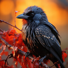 The ebony feathers of the raven catch the first  
