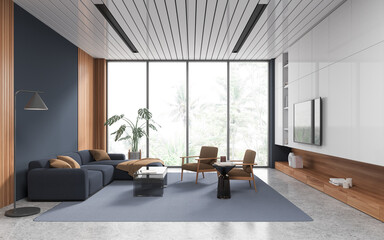 Stylish living room interior with couch and tv screen, decoration and window