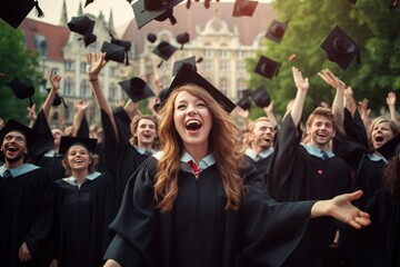 Caucasian Graduates celebrating with their graduation caps and certificates, laughing and cheering at the graduation ceremony - obrazy, fototapety, plakaty