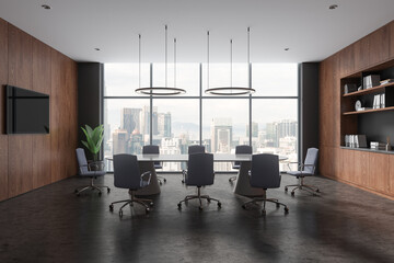 Fototapeta premium Modern office room interior with meeting table and tv screen, panoramic window