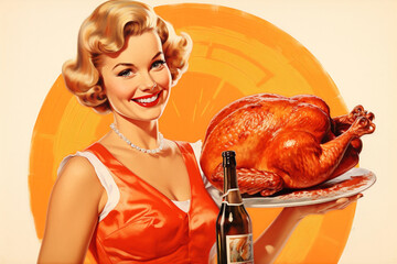 blond woman holding thanksgiving turkey and beer bottle  in vintage advertising pin up illustration style with red background  - obrazy, fototapety, plakaty