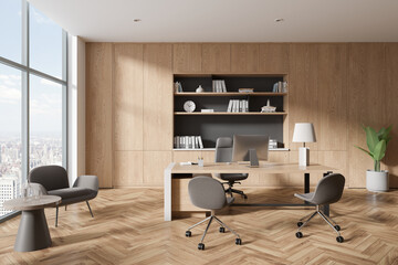 Wooden office interior with work desk, chill zone and panoramic window