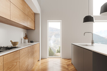 White and wooden kitchen interior with bar counter and shelves with window