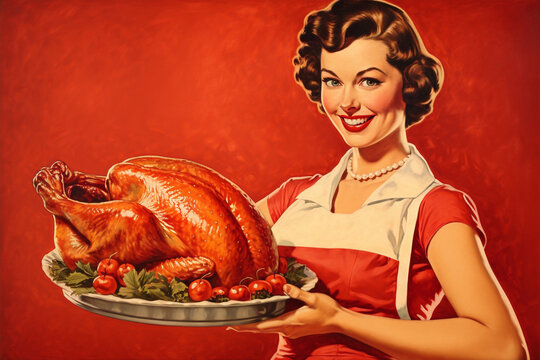 brunette woman holding thanksgiving turkey in vintage advertising pin up illustration style with red background 