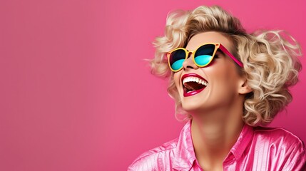 Blond young happy woman laughing wearing 80s fashion in Stylish woman posing as supermodel