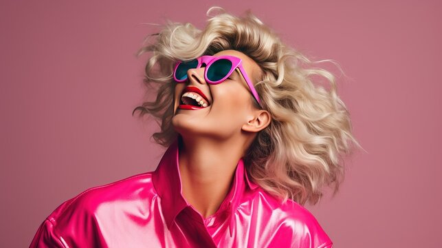 Full length image of 80's Fashion woman over pink background