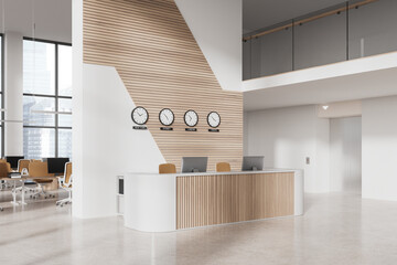 White and wooden office hall interior with reception and elevator - obrazy, fototapety, plakaty