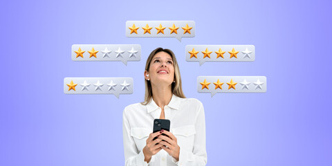 Smiling businessman with smartphone in hands, low and high rating online