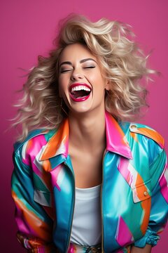 Blond young happy woman laughing wearing 80s fashion in Stylish woman posing as supermodel