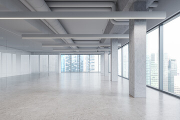 Obraz premium Stylish empty interior and glass partition, panoramic window on skyscrapers