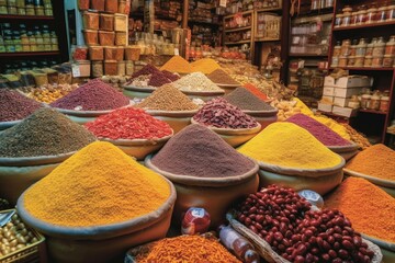 Obraz premium Vibrant spice-filled Arabian marketplace. Generative AI