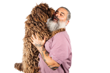 Happy European man hugs cute water dog, posing with pet on transoarent background