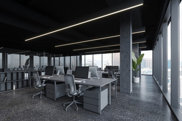 Grey coworking interior with pc desktop and glass room, panoramic window
